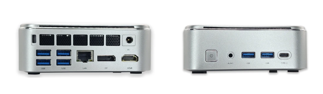 TurnKey_Node_1100_320 Pulcro TurnKey Node Mini PC front and rear view showing multiple USB ports, Ethernet LAN, HDMI, DisplayPort, USB-C, audio jack, and compact aluminum chassis.