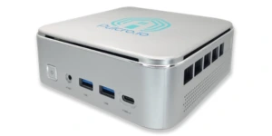 TurnKey_Node_300_150 Pulcro TurnKey Node Mini PC with Intel Core processor, compact silver aluminum chassis, front USB ports, audio jack, and USB-C port for home server, virtualization, and smart home automation.