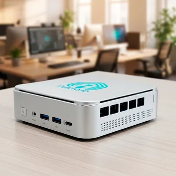Pulcro.io TurnKey Node mini PC on an office desk for smart home automation and home lab use