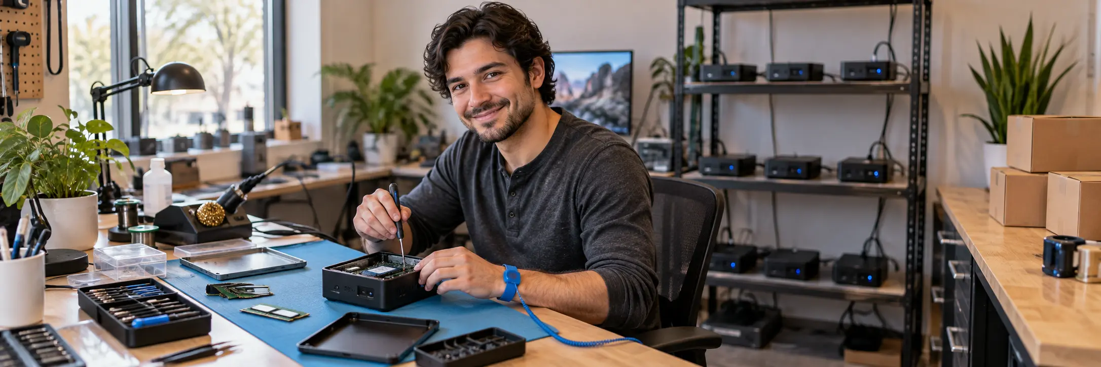 Join Our Team - Pulcro.io Careers Smiling technician assembling a Mini PC at a workbench with testing equipment and shipping boxes nearby.